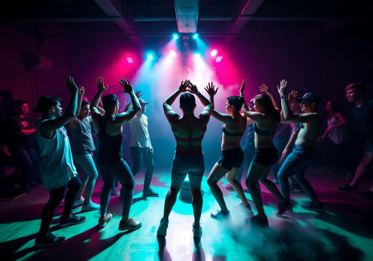 Group cypher under stage lights