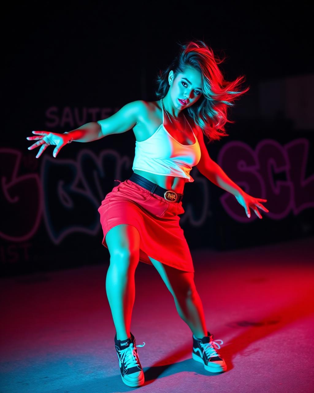 Female dancer in red and cyan neon light