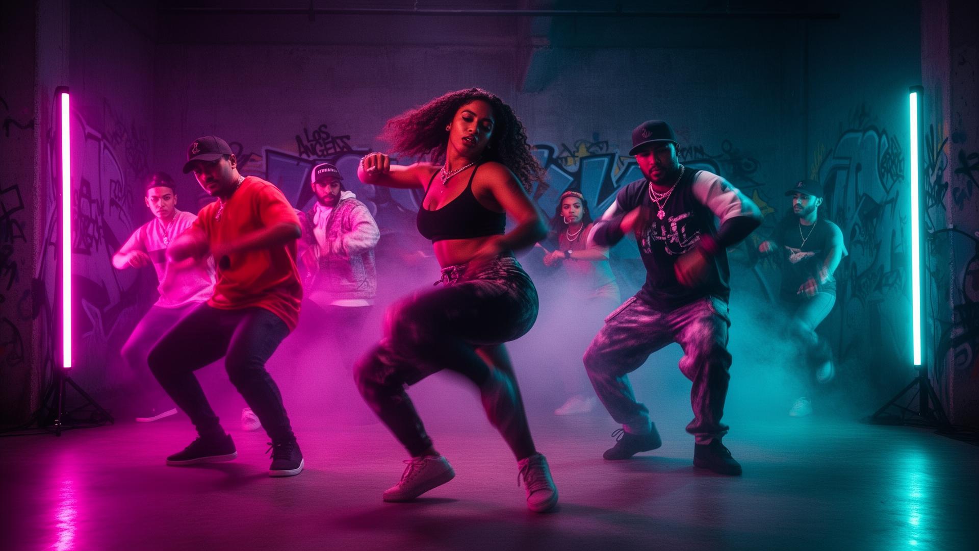 LA reggaeton dancers in motion under neon lights